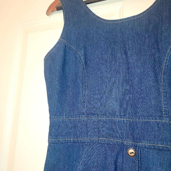 Vintage 80s Hollywood Blvd Denim Jean Fitted Ruffle Dress - Picture 2 of 9